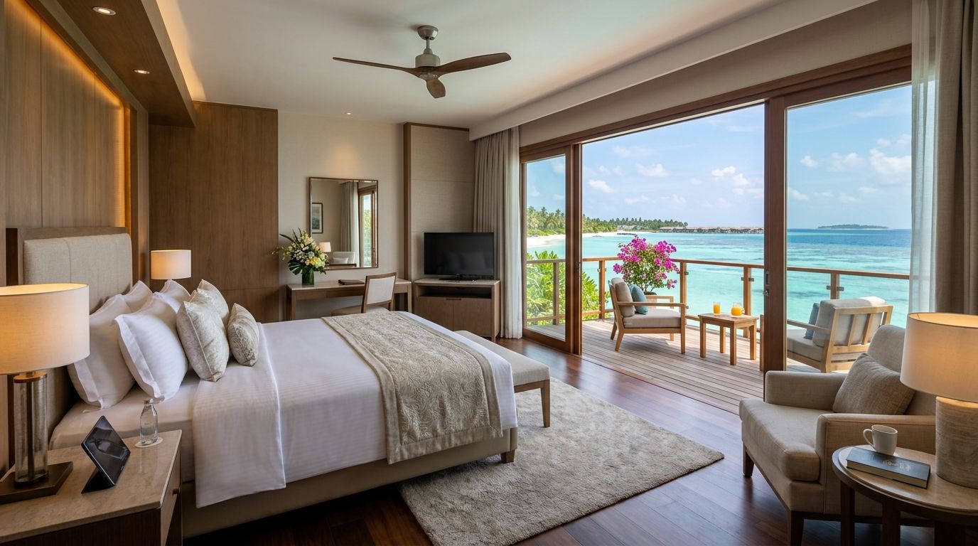 Chambre d'hôtel de luxe avec vue sur la mer, collaboration UGC