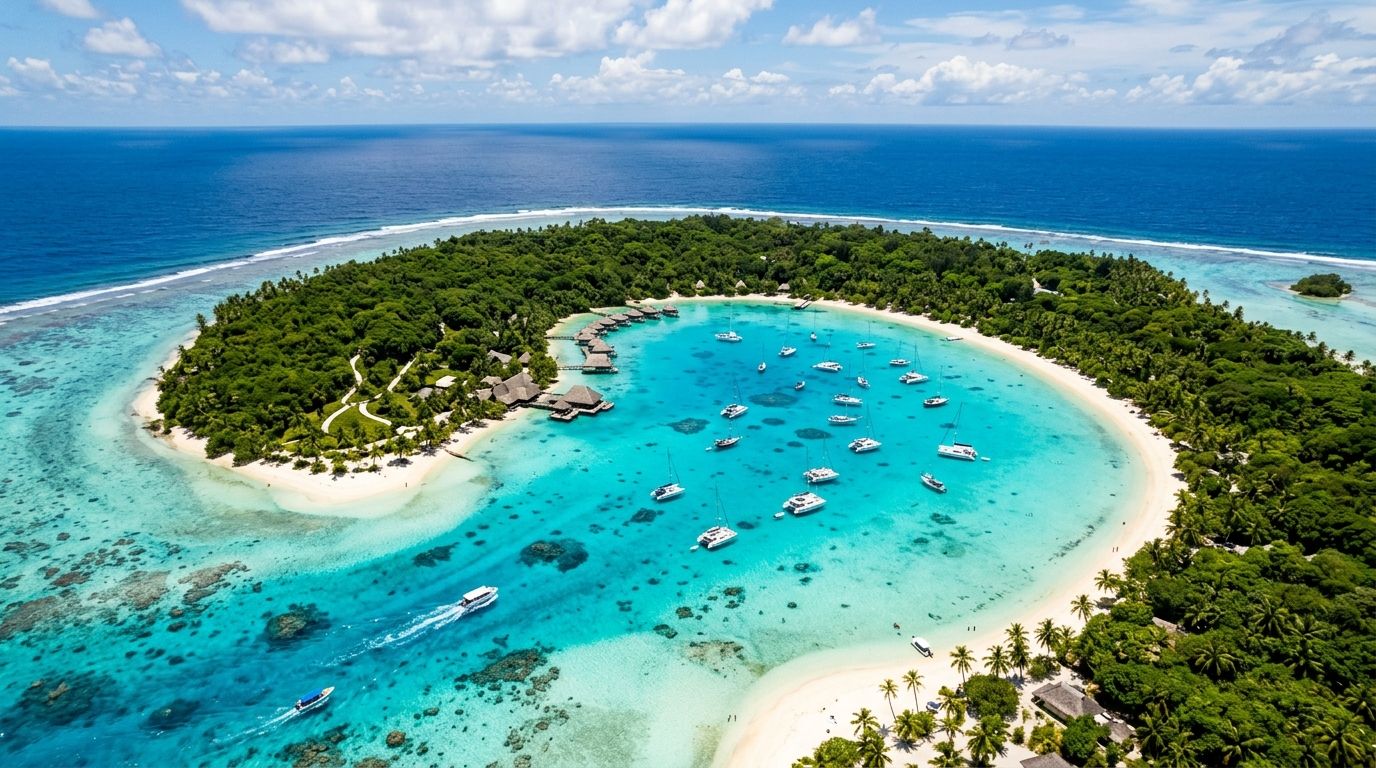 Vue aérienne d'une île tropicale avec lagon turquoise
