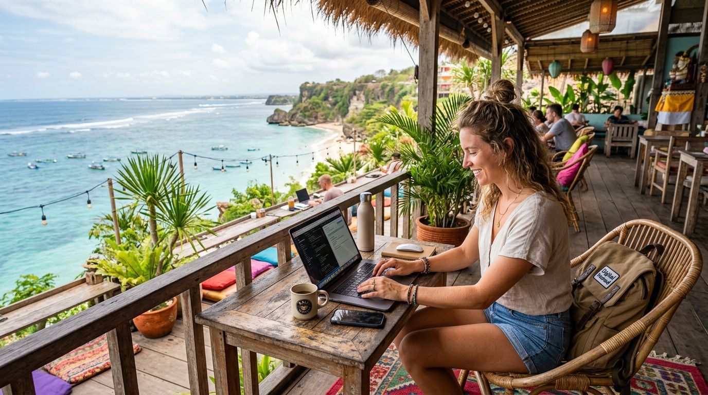 Nomade digital travaillant depuis une terrasse vue mer