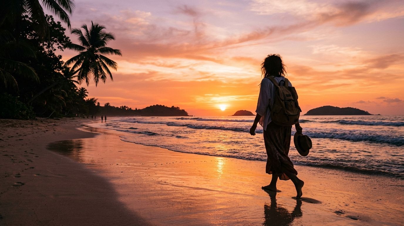 Plage tropicale au coucher du soleil
