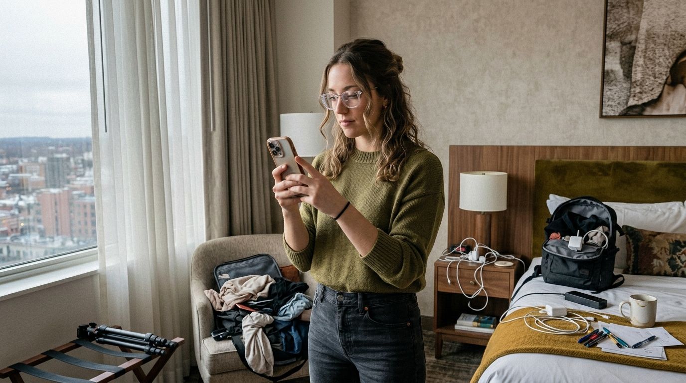 Créatrice UGC photographiant une chambre d'hôtel